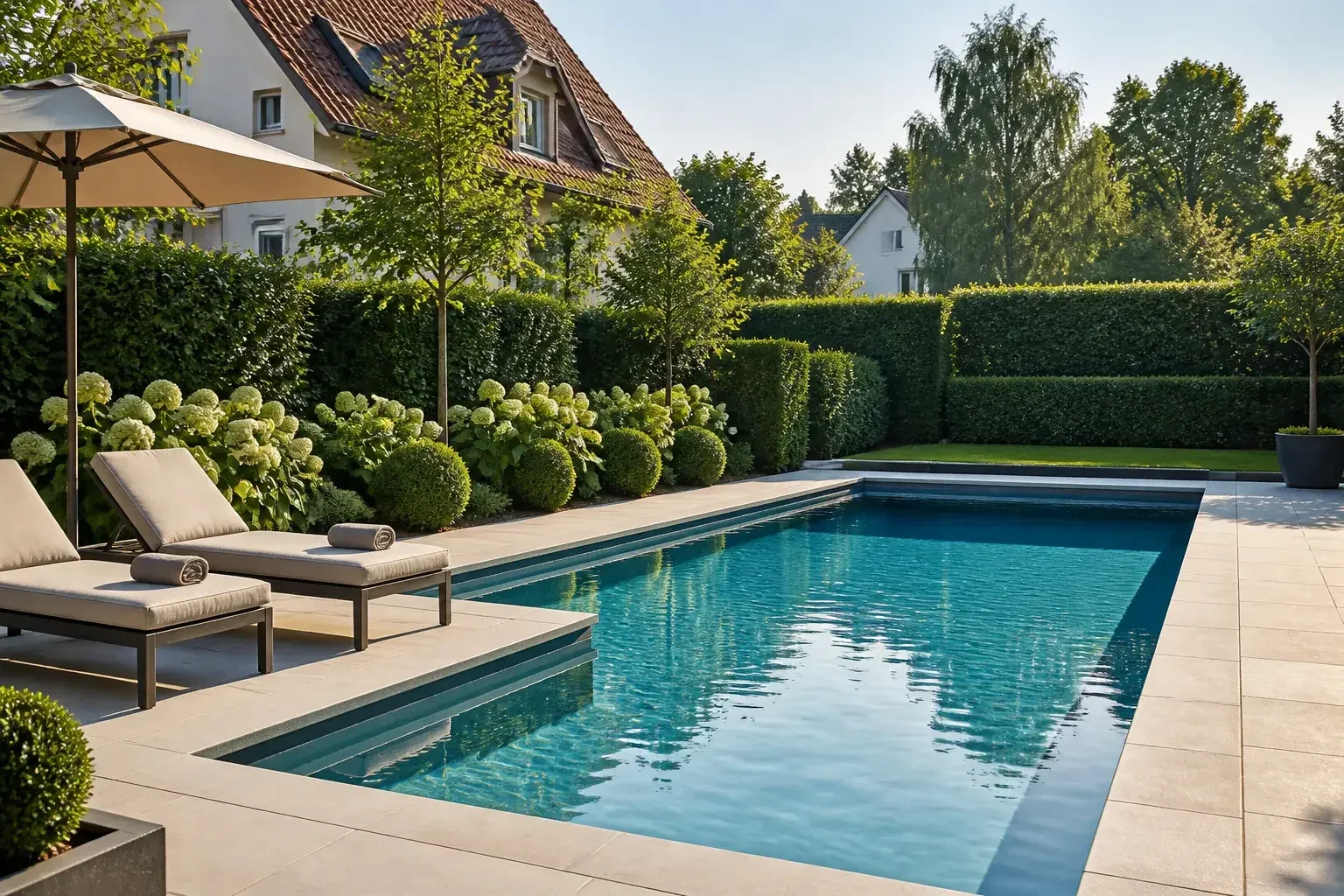 Gepflegte Poolterrasse in München mit ordentlicher Gartenanlage.