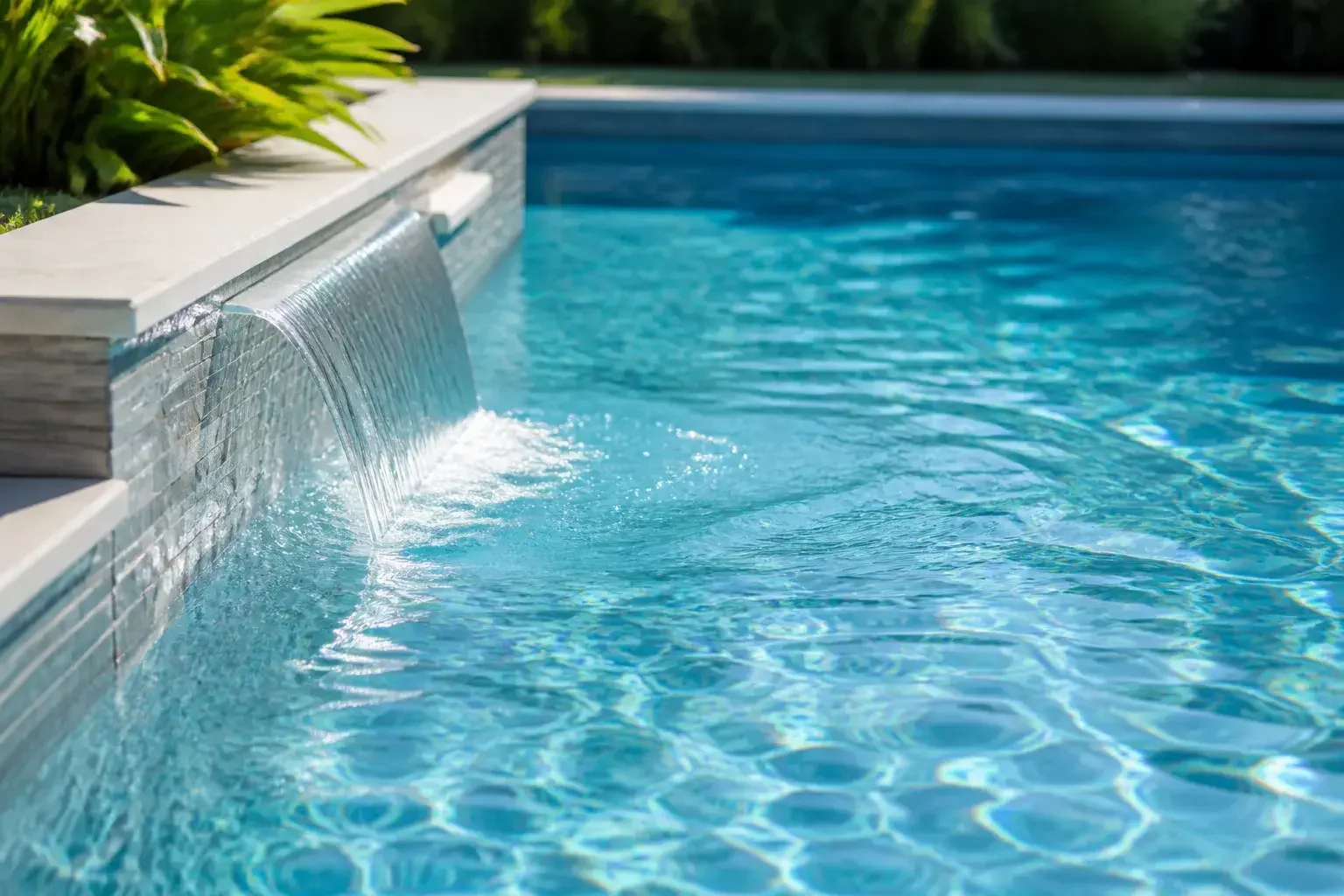 Klares, aufbereitetes Poolwasser mit ruhiger Oberfläche.