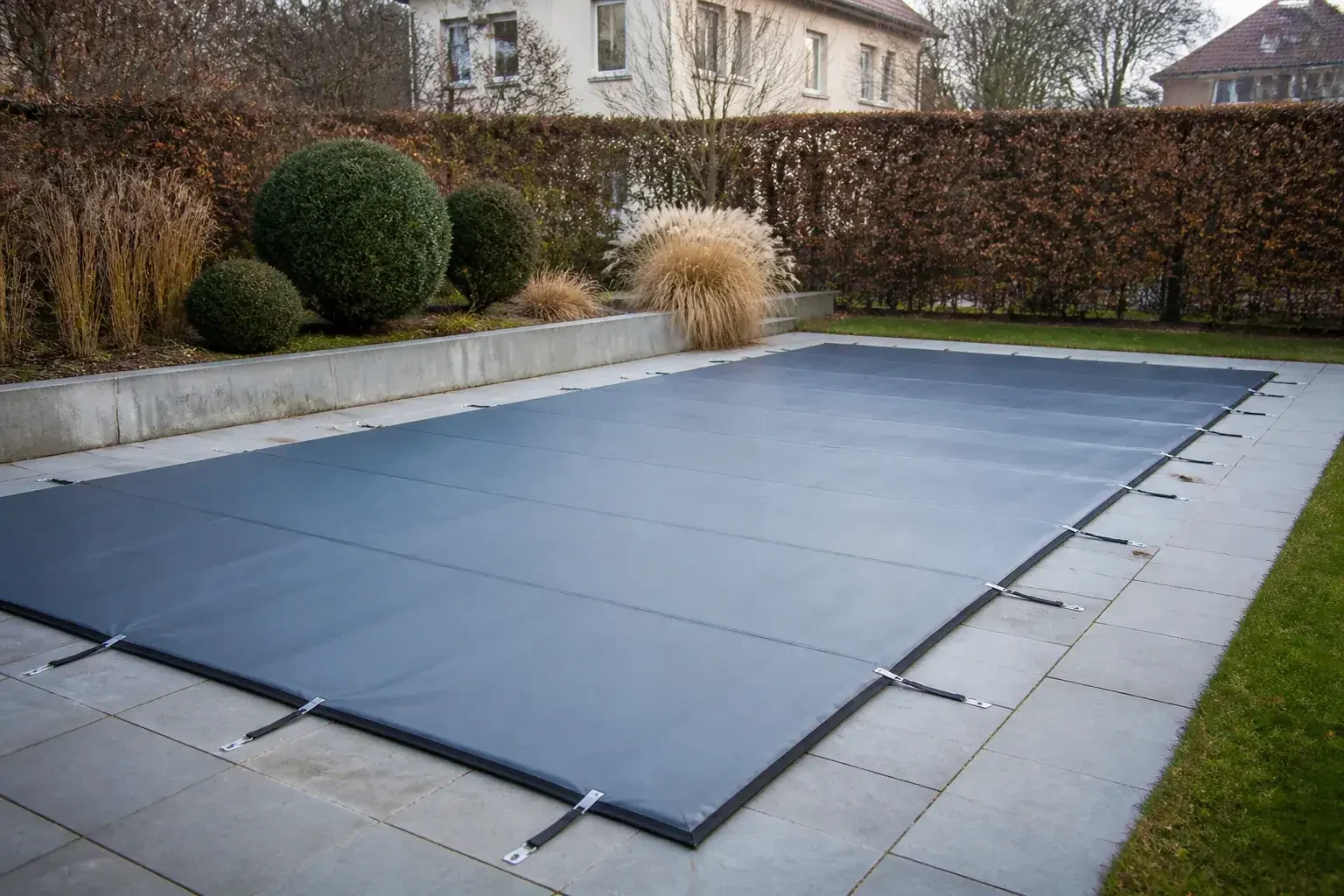 Winterfest gemachter Pool mit sicher befestigter Abdeckung.