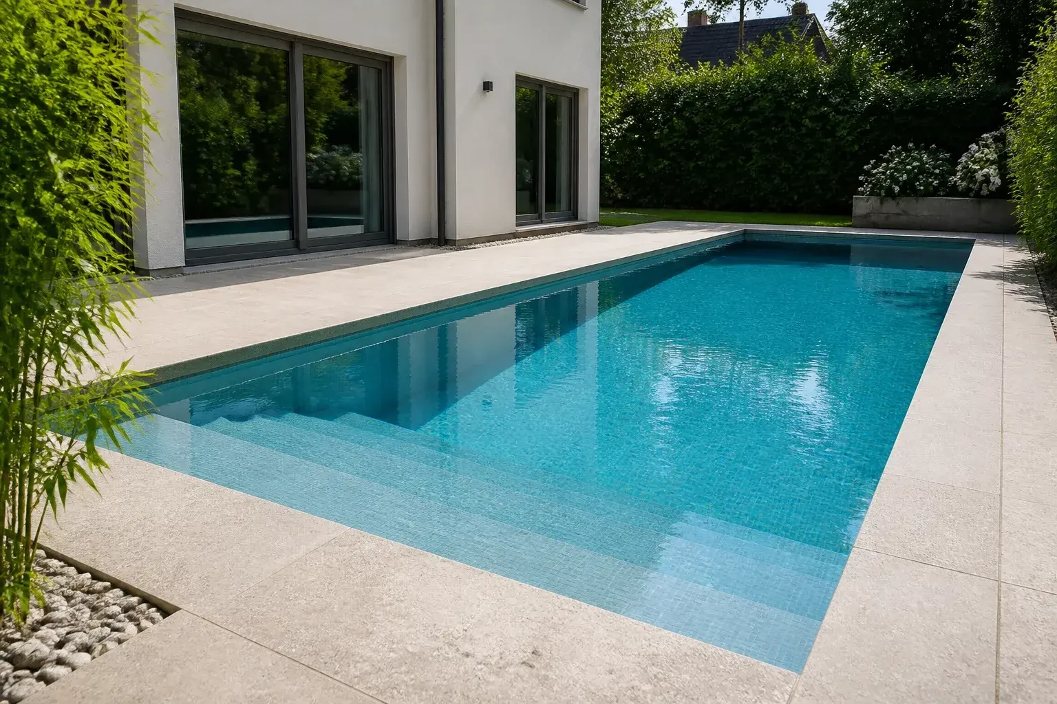 Frisch gereinigter Pool mit klarem Wasser und sauberem Beckenrand.